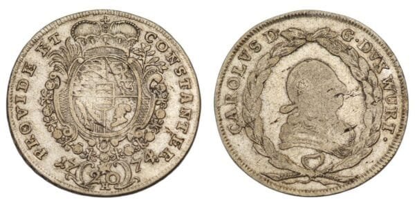 GERMANY 20 kreuzer 1774H / Wurtenberg / Silver / VF
