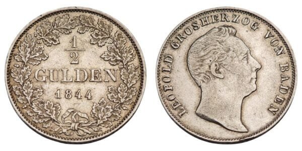 GERMANY 1/2 gulden 1844 / Baden / Silver / VF