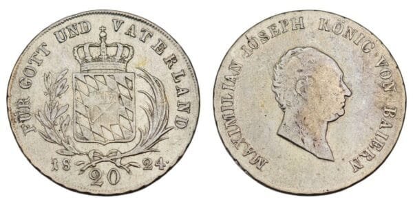 GERMANY 20 kreuzer 1824 / Bavaria / Silver / VF