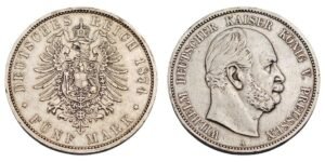 GERMANY 5 mark 1874A / Prussia / Silver / XF-