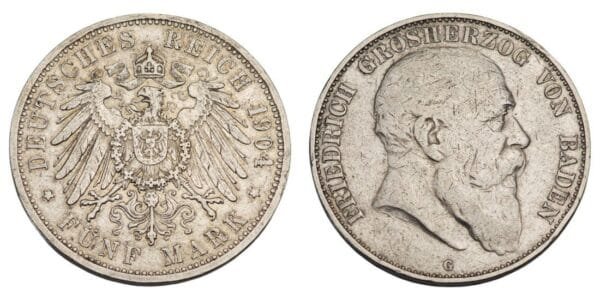 GERMANY 5 mark 1904G / Baden / Silver / VF