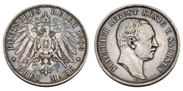 GERMANY 3 mark 1909E / Saxony / Silver / VF