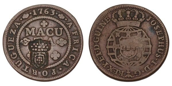 ANGOLA 2 macutas 1763 / Portuguese colony / Mary II / with countermark / VF