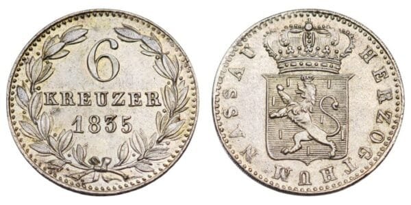 GERMANY 6 kreuzer 1835 / Nassau / Silver / UNC-