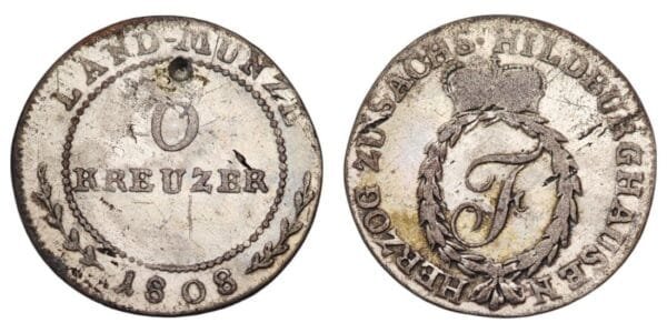 GERMANY 6 kreuzer 1808 / Saxe-Hilburghausen / Silver / F (punched)