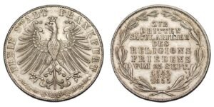 GERMANY 2 gulden 1855 / Frankfurt / 300th Anniversary of Religious Peace / Silver / UNC-