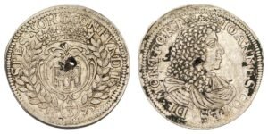 GERMANY 2/3 thaler 1675 / Montfort-Peggau / Silver / VG (holed)