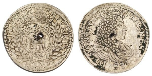 GERMANY 2/3 thaler 1675 / Montfort-Peggau / Silver / VG (holed)