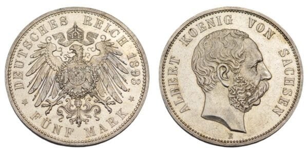 GERMANY 5 mark 1893E / Saxony / Silver / UNC-