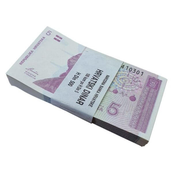 CROATIA 5 hrvatskih dinara 1991 / 100 pcs. bundle / consecutive serial numbers / with original strap / 10 banknotes have folds on the edges