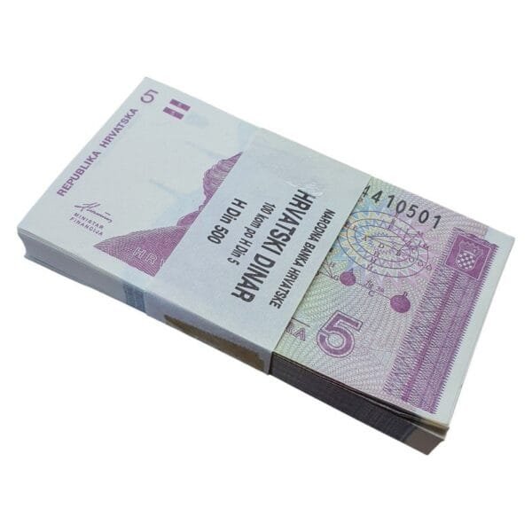 CROATIA 5 hrvatskih dinara 1991 / 100 pcs. bundle / consecutive serial numbers / with original strap / 7 banknotes have folds on the edges