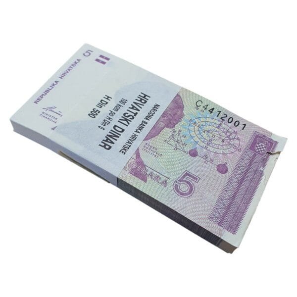 CROATIA 5 hrvatskih dinara 1991 / 100 pcs. bundle / consecutive serial numbers / with original strap / First 2 banknotes are damaged, rest are UNC
