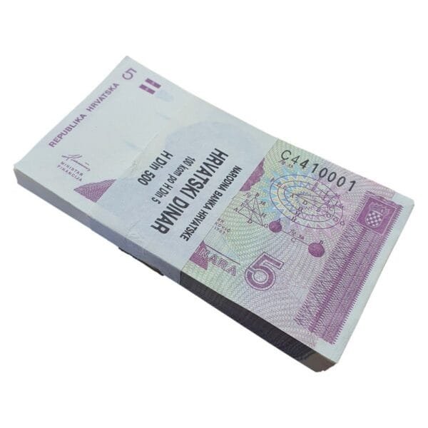 CROATIA 5 hrvatskih dinara 1991 / 100 pcs. bundle / consecutive serial numbers / with original strap / First 2 banknotes are VF+, rest are UNC