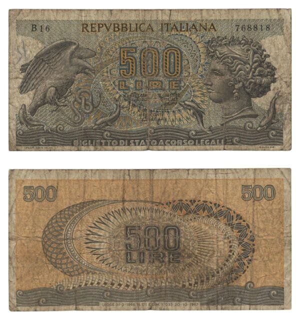 ITALY 500 lire 1967 F (tear)