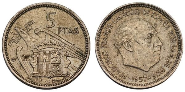 SPAIN 5 pesetas 1957(71) VF