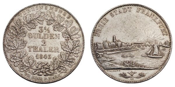 GERMANY 3 1/2 gulden - 2 thaler 1843 / Frankfurt / Silver / XF