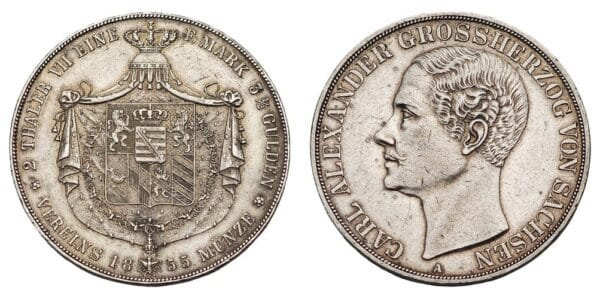GERMANY 2 thaler 1855A / Saxony / Silver / XF+