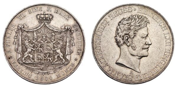 GERMANY 2 thaler 1844A / Reuss / Silver / XF+