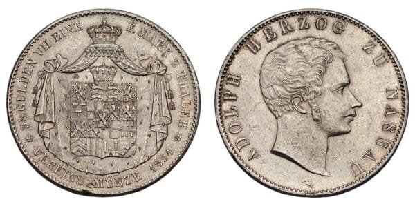 GERMANY 3 taler 1854 / Nassau / Silver / VF+