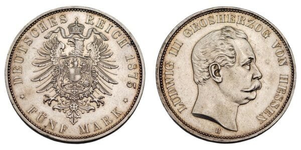 GERMANY 5 mark 1875H / Hessen / Silver / UNC