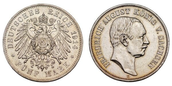 GERMANY 5 mark 1914E / Saxony / Silver / UNC-