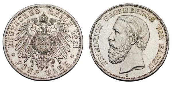 GERMANY 5 mark 1891G / Baden / Silver / UNC-