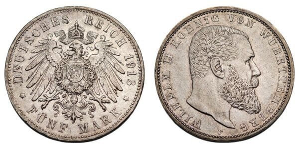 GERMANY 5 mark 1913F / Württemberg / Silver / UNC-
