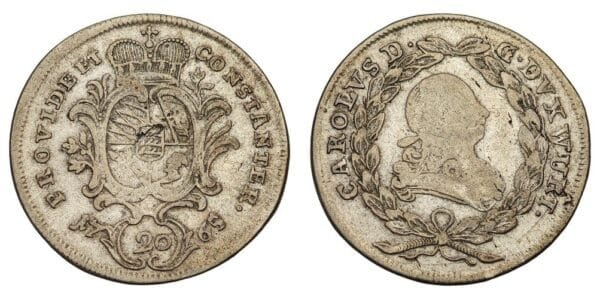 GERMANY 20 kreuzer 1765 / Württemberg / Silver / VF-