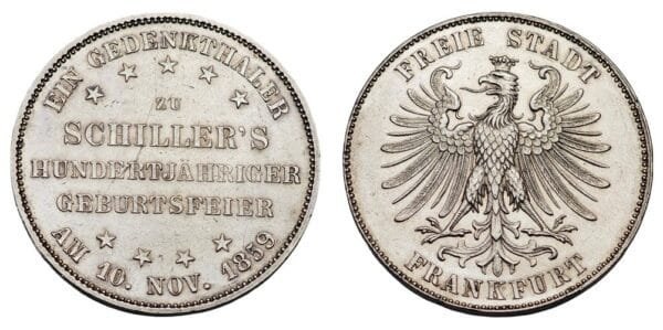 GERMANY 1 thaler 1859 / Frankfurt / 100th Anniversary of Friedrich Schiller / Silver / XF+