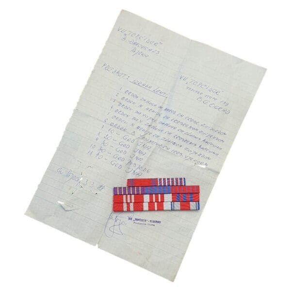YUGOSLAVIA Orders and medals ribbons lot, 11 pcs., with original request for manufacturing signed by bearer