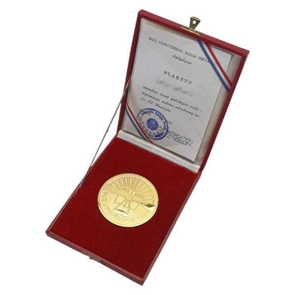 YUGOSLAVIA Associated Labor Court of Croatia / Award Plaque for 10 Years of Work / in case with document