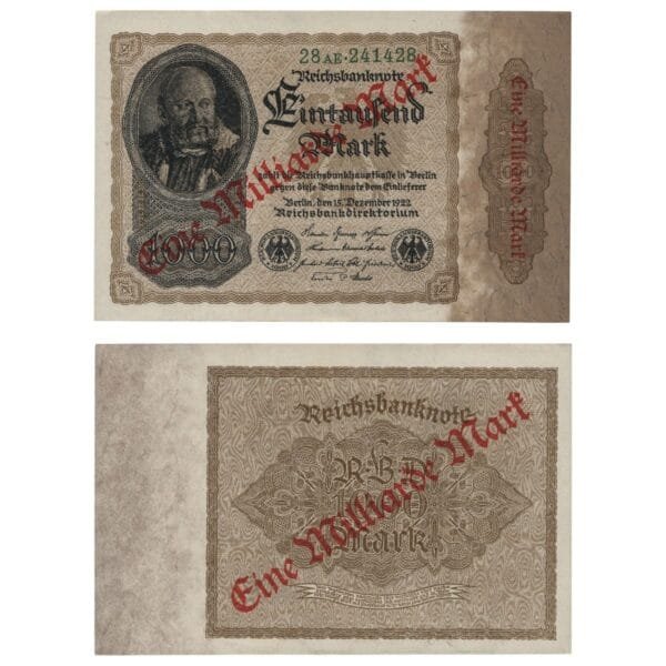 GERMANY 1 billion mark 1922 / Weimar Republic / Overprint on 1000 mark banknote / UNC