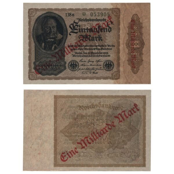 GERMANY 1 billion mark 1922 / Weimar Republic / Overprint on 1000 mark banknote / UNC