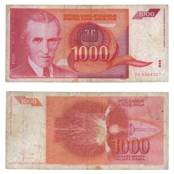 YUGOSLAVIA 1000 dinara 1992 / Nikola Tesla / replacement series ZA / VF-
