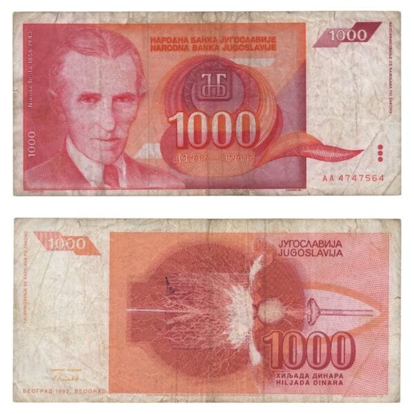 YUGOSLAVIA 1000 dinara 1992 / Nikola Tesla / VF-