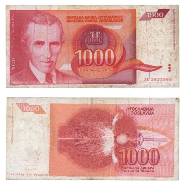 YUGOSLAVIA 1000 dinara 1992 / Nikola Tesla / VF-