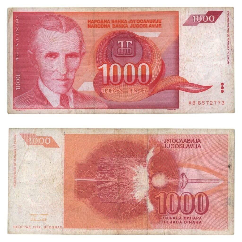 YUGOSLAVIA 1000 dinara 1992 / Nikola Tesla / VF-