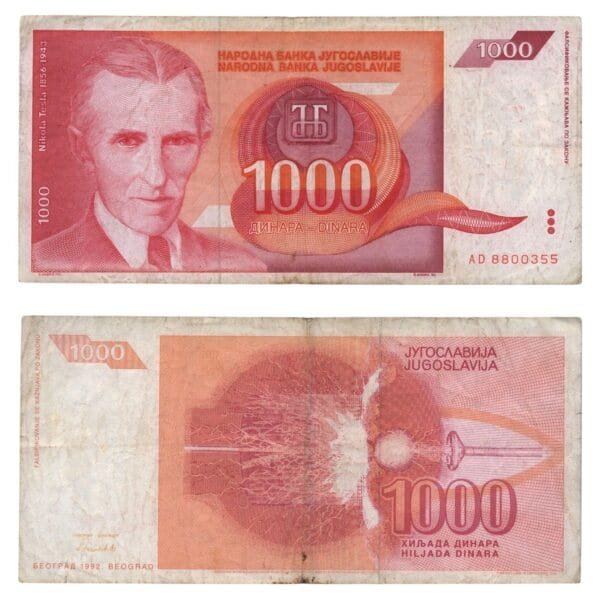 YUGOSLAVIA 1000 dinara 1992 / Nikola Tesla / VF-