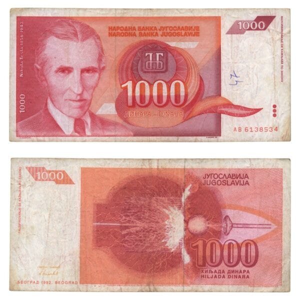 YUGOSLAVIA 1000 dinara 1992 / Nikola Tesla / VF-