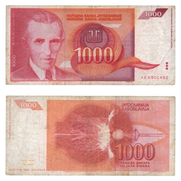 YUGOSLAVIA 1000 dinara 1992 / Nikola Tesla / VF-