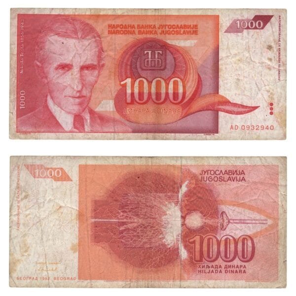 YUGOSLAVIA 1000 dinara 1992 / Nikola Tesla / VF-