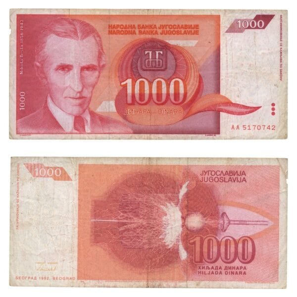 YUGOSLAVIA 1000 dinara 1992 / Nikola Tesla / VF-