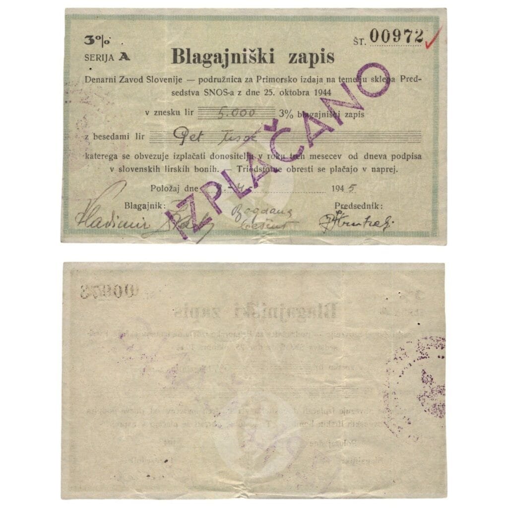 SLOVENIA 5000 lir 1945 / Treasury Bil of Monetary Institute / WWII issue / With seal PAID / VF