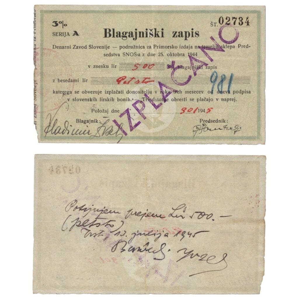 SLOVENIA 500 lir 1945 / Treasury Bil of Monetary Institute / WWII issue / With seal PAID / VF