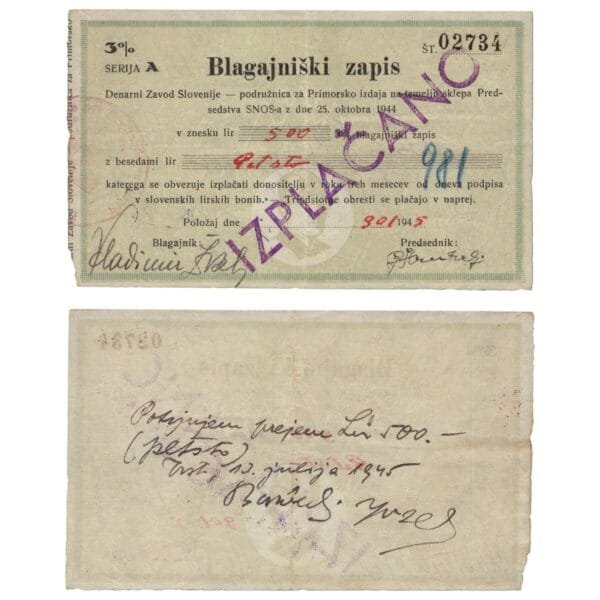 SLOVENIA 500 lir 1945 / Treasury Bil of Monetary Institute / WWII issue / With seal PAID / VF