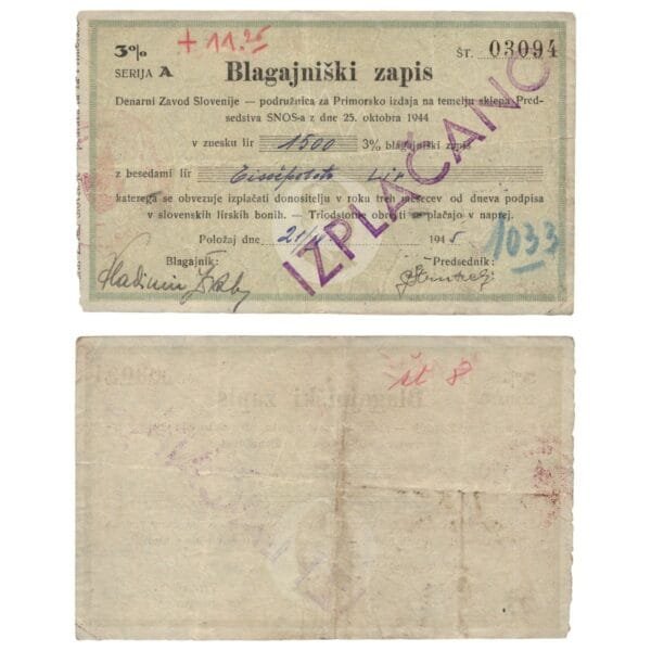 SLOVENIA 1500 lir 1945 / Treasury Bil of Monetary Institute / WWII issue / With seal PAID / VF