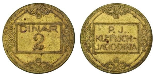 SERBIA 2 dinara ND(1918-1941) / Jagodina / P.J. Klefiš Company token / VF