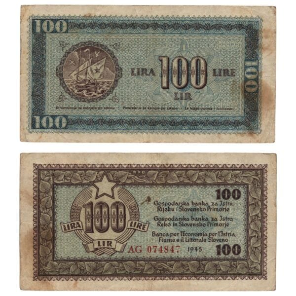 YUGOSLAVIA 100 lira 1945 / Economy Bank for Istra, Rijeka and Slovenian Littoral Region / VF-