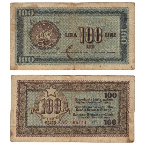 YUGOSLAVIA 100 lira 1945 / Economy Bank for Istra, Rijeka and Slovenian Littoral Region / F