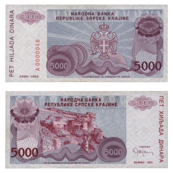 CROATIA 5000 dinara 1993 / Knin Krajina occupation issue / Low serial #, under 100 / XF-